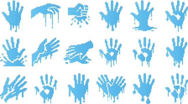 Collection of pixelated hand print icons with dripping effects and abstract forms for creative art and design use with dark themes.