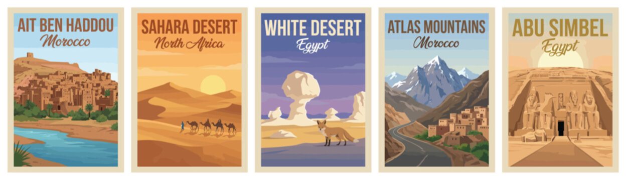 Vintage africa travel poster set. Including atlas mountains, white desert, abu simbel, ait ben haddou, and sahara desert. Retro vector illustration.