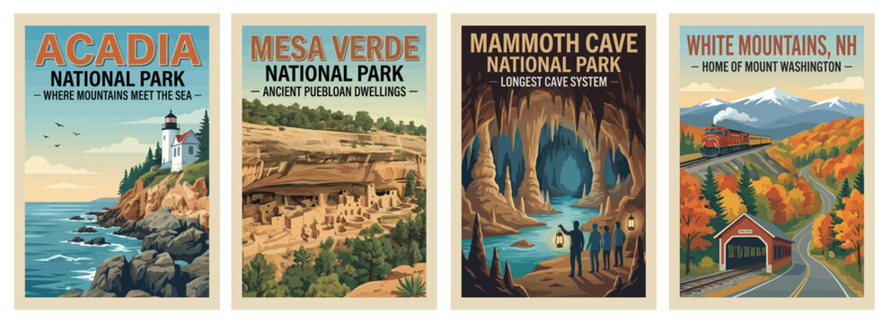 Vintage usa travel poster set. Including white mountains nh, mammoth cave kentucky, mesa verde colorado, and acadia national park. Retro vector illustration.