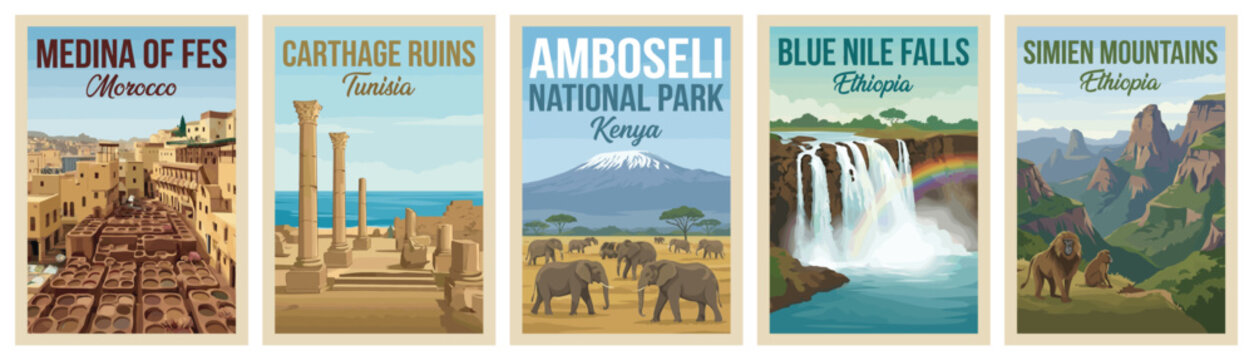Vintage africa travel poster set. Including simien mountains, amboseli, blue nile falls, carthage ruins, and medina of fes. Retro vector illustration.