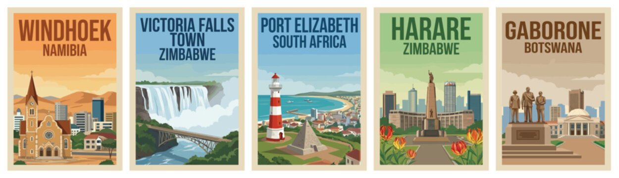 Vintage africa travel poster set. Including gaborone, port elizabeth, harare, windhoek, and victoria falls. Retro vector illustration.