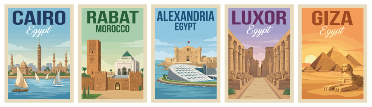 Vintage africa travel poster set. Including alexandria, giza, luxor, cairo egypt, and rabat morocco. Retro vector illustration.