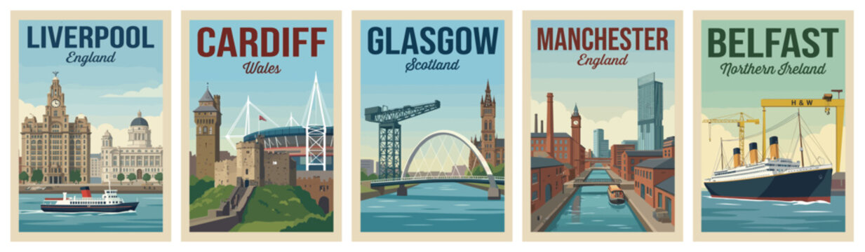 Vintage united kingdom city travel poster set. Including cardiff, glasgow, liverpool, manchester, and belfast northern ireland. Retro vector.