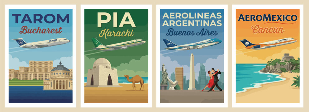 Vintage global airlines travel poster set. Including aeromexico cancun, tarom bucharest, aerolineas argentinas buenos aires, and pia karachi. Retro vector.