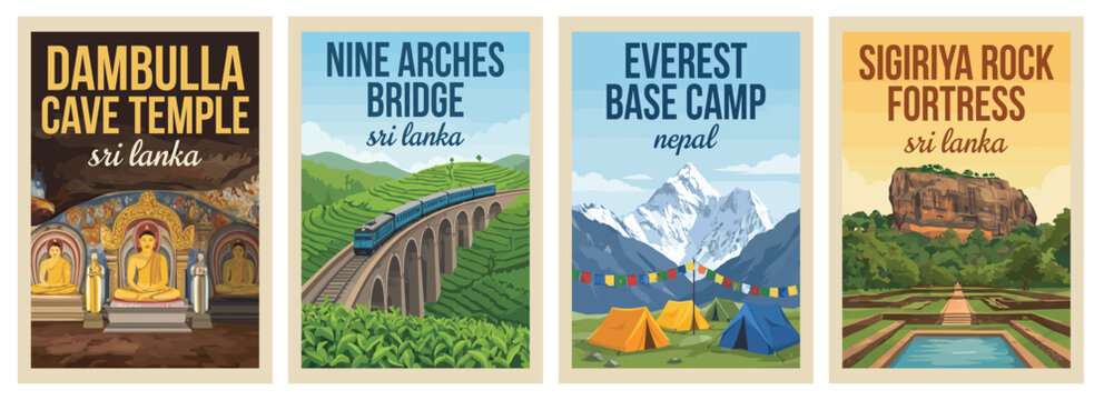 Vintage sri lanka and nepal travel poster set. Including sigiriya rock, dambulla temple, everest base camp, and nine arches bridge. Wall art prints.