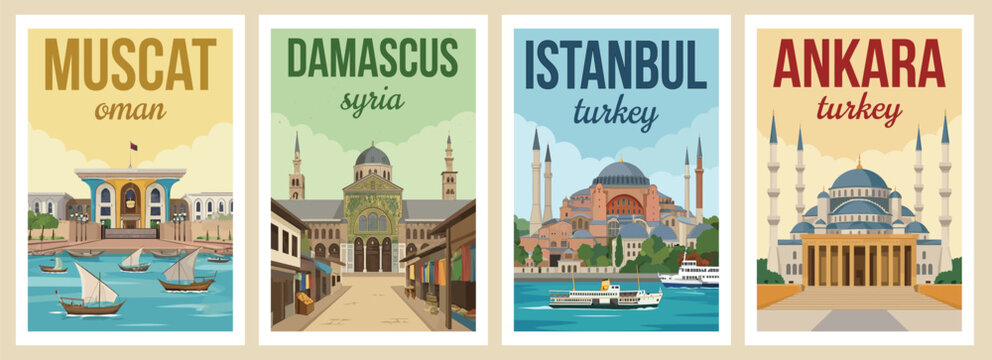 Vintage middle east travel poster set. Including damascus syria, ankara turkey, muscat oman, and istanbul turkey. Minimalist flat vector wall art prints.