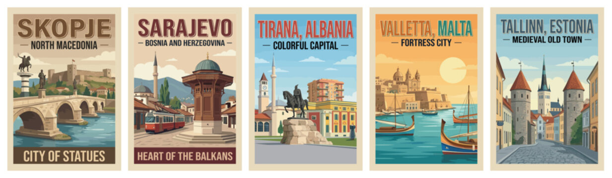 Vintage europe travel poster set. Including sarajevo bosnia, valletta malta, tirana albania, tallinn estonia, and skopje north macedonia. Retro wall art prints.