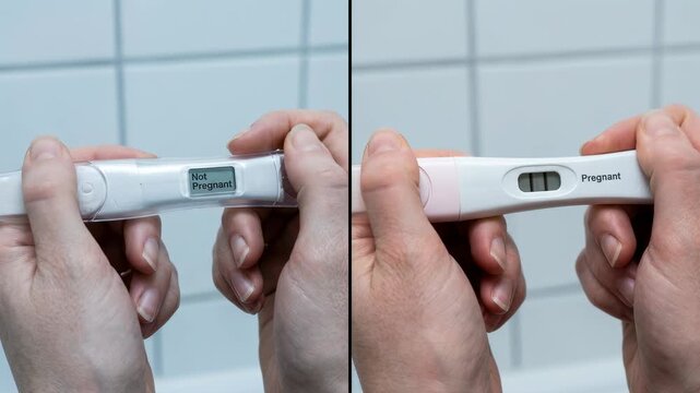 Hands holding two different pregnancy tests showing negative and positive results for healthcare medical content and family planning concepts