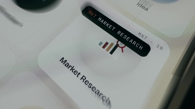 Bar chart icon labeled Market Research and a magnifying glass