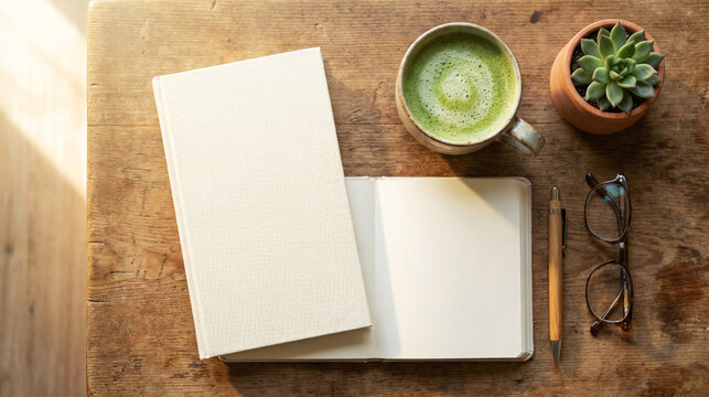 Top down view of blank notebook and book with matcha latte on wooden table