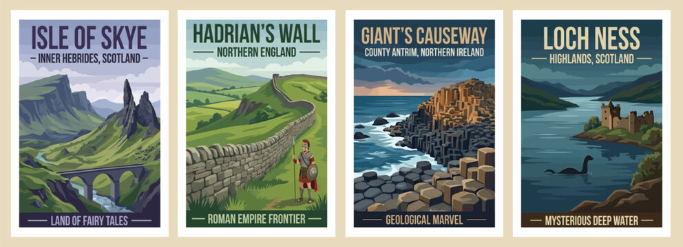Vintage united kingdom travel poster set. Including loch ness, isle of skye, giants causeway, and hadrians wall. Retro wall art prints.