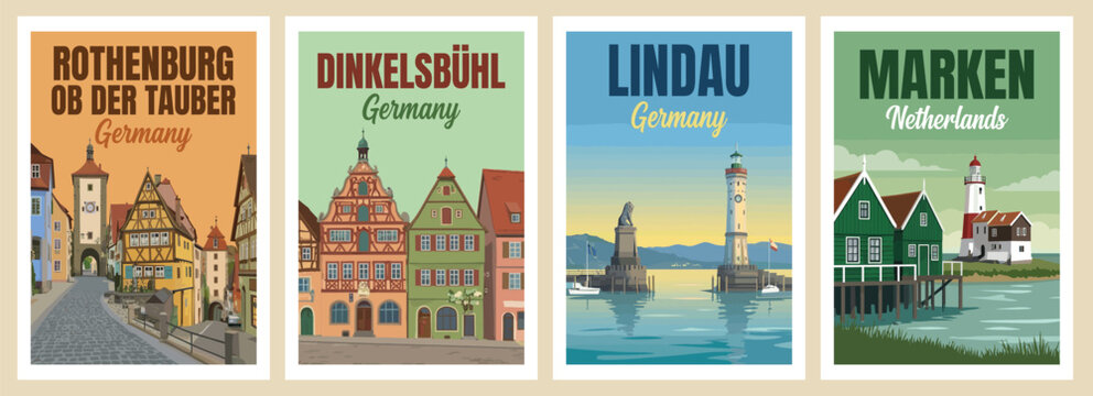 Vintage germany and netherlands travel poster set. Including dinkelsbuhl, marken, rothenburg ob der tauber, and lindau. Retro wall art decor prints.