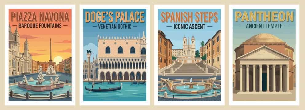 Vintage italy travel poster set. Including doges palace venice, pantheon, piazza navona, and spanish steps rome. Retro city landmarks wall art prints.