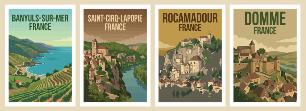 Vintage france travel poster set. Including saint cirq lapopie, domme, banyuls sur mer, and rocamadour. French village wall art prints.