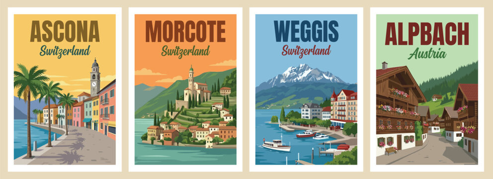 Vintage alpine travel poster set. Including morcote switzerland, alpbach austria, ascona switzerland, and weggis switzerland. Scenic village wall art prints.