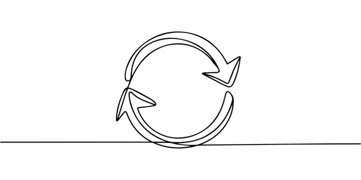 circular refresh or recycling symbol continuous one line drawing, Minimalist one line drawing of a recycle symbol with two curved arrows in a circle. Vector, illustration