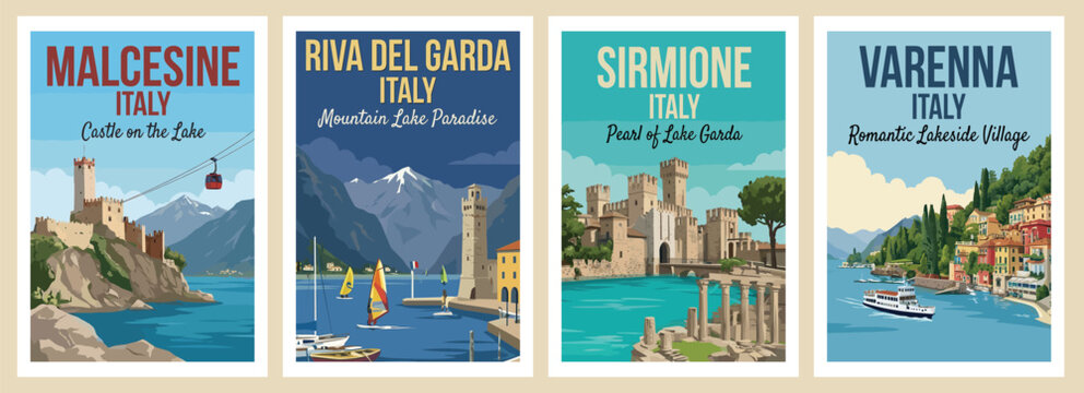 Vintage italy travel poster set. Including malcesine, riva del garda, varenna lake como, and sirmione lake garda. Retro minimalist wall art prints.
