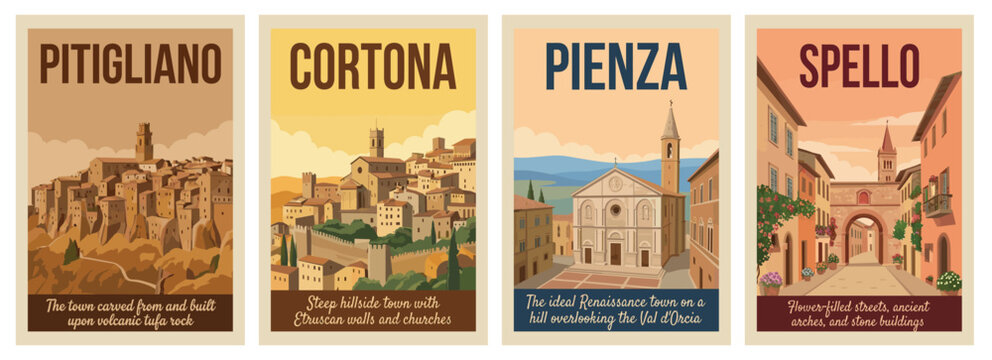 Vintage italy travel poster set. Including pienza, pitigliano, spello, and cortona hillside. Tuscany and umbria retro wall art prints.