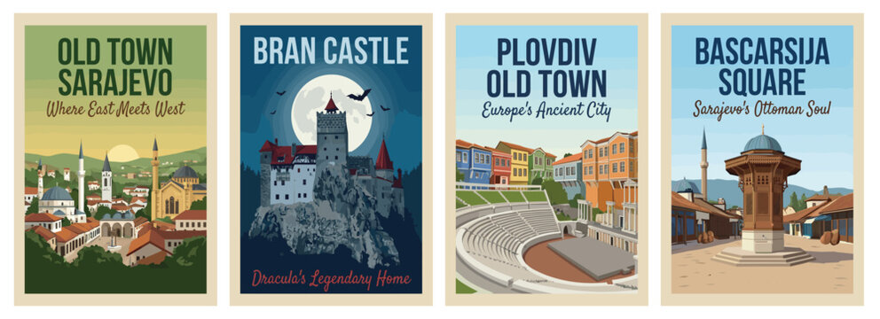 Vintage eastern europe travel poster set. Including sarajevo bosnia, plovdiv bulgaria, and bran castle romania. Retro flat vector wall art prints.