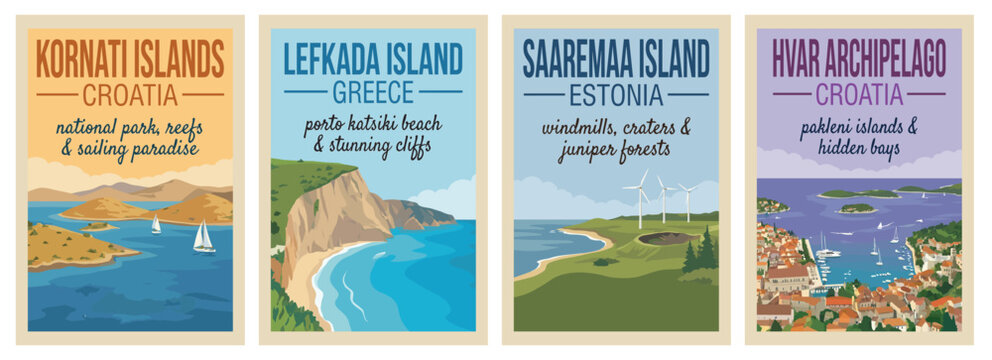 Vintage europe island travel poster set. Including hvar archipelago croatia, kornati islands, saaremaa estonia, and lefkada greece cliffs. Art prints.