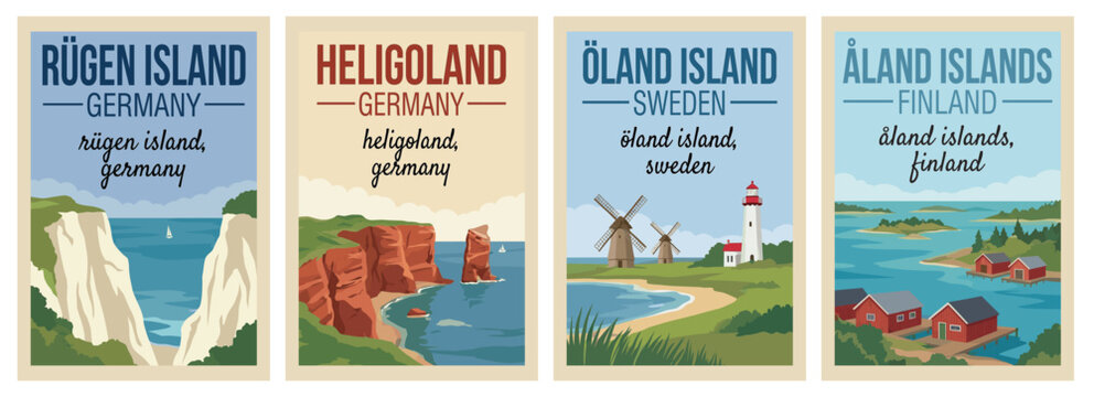 Vintage northern europe island travel poster set. Including aland islands finland, rugen island, oland island sweden, and heligoland germany cliffs. Prints.