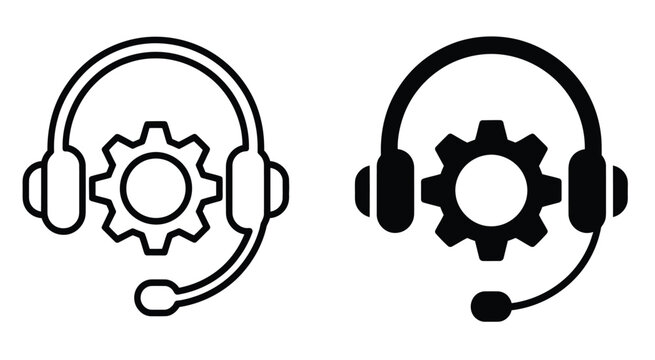 Headsets with gear icons set gray black blue colors tech support symbols customer service communication help desk tools professional modern interface design vector