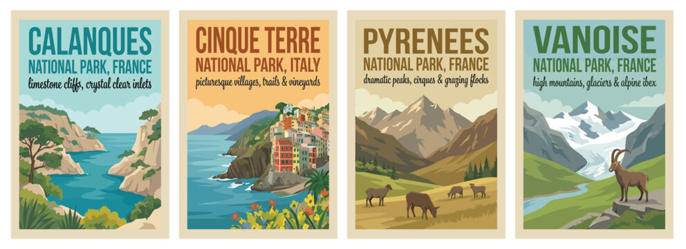 Vintage france and italy travel poster set. Including vanoise national park, calanques cliffs, pyrenees mountains, and cinque terre coast. Retro wall art decor.