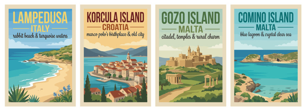 Vintage mediterranean islands travel poster set. Including korcula croatia, comino malta blue lagoon, lampedusa italy, and gozo citadel. Retro wall art prints.