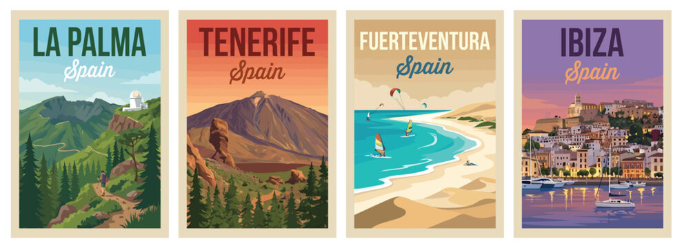 Vintage spain islands travel poster set. Including tenerife teide mountain, ibiza old town, la palma hiking trail, and fuerteventura dunes. Retro wall art prints.