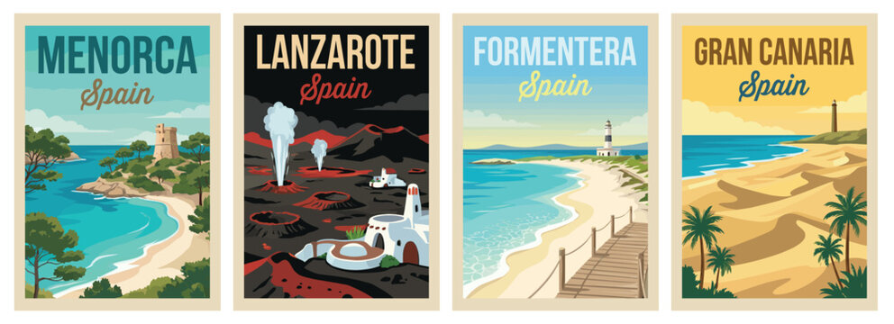 Vintage spain islands travel poster set. Including lanzarote volcano, gran canaria dunes, menorca coastal tower, and formentera beach. Wall art prints.