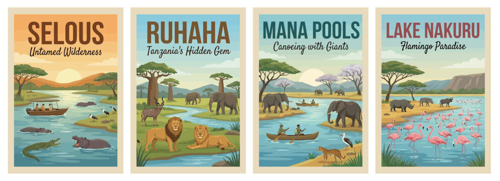 Majestic safari locations travel poster set. Including ruaha, lake nakuru, selous, and mana pools for iconic wall art prints. Retro vector illustration.