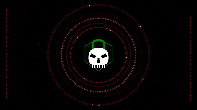 Cybersecurity concept with digital skull icon and encryption code circles