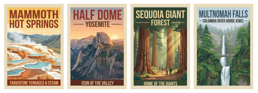 Vintage USA travel poster set. Including multnomah falls, yosemite half dome, sequoia giant forest, and mammoth hot springs. Retro vector illustration.