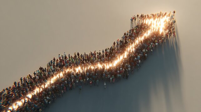 Crowd of People Forming a Glowing Upward Trending Arrow Shape on Sand Representing Radiant Business Growth Success and Bright Future Concepts,