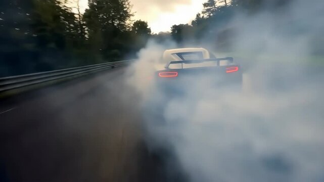 Cinematic tracking shot of a gray luxury sports car drifting and sliding on a mountain road curve with thick tire smoke at sunset