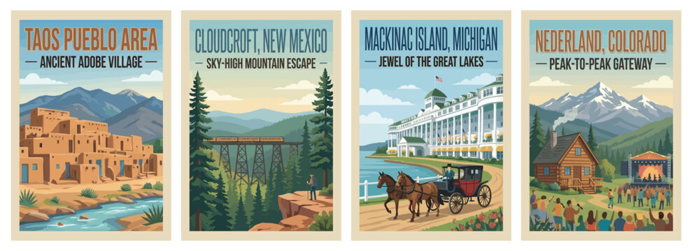 Vintage travel posters of Nederland, Mackinac Island, Cloudcroft, and Taos. Retro vector art showing mountains, historic hotels, and southwest adobe villages.