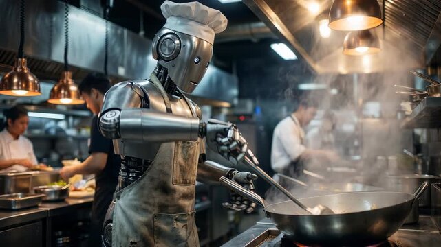 Robot chef cooking stir fry with fire in professional commercial kitchen for future technology automation and modern restaurant industry concept