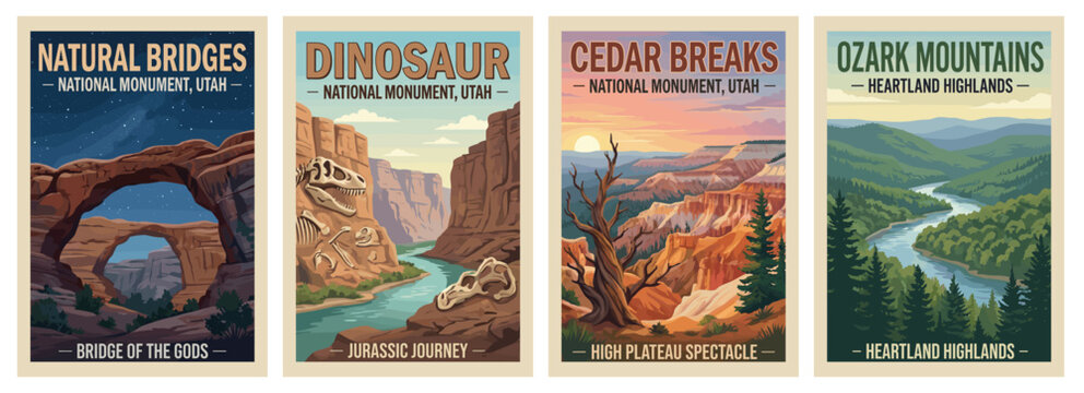 Vintage usa travel poster set. Including ozark mountains, cedar breaks, dinosaur, and natural bridges national monuments. Retro vector illustration.