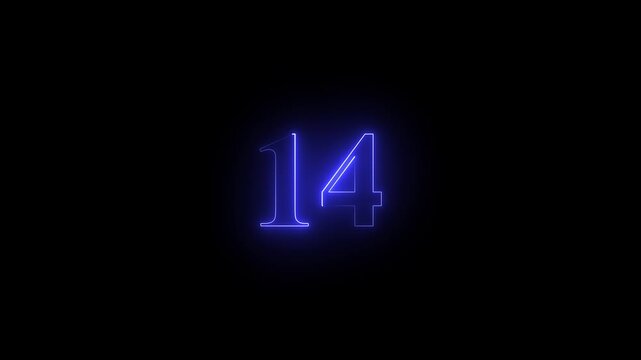 Neon 14 number mathematics text icon animation blue color text on black background.Number 14 vector illustration. 