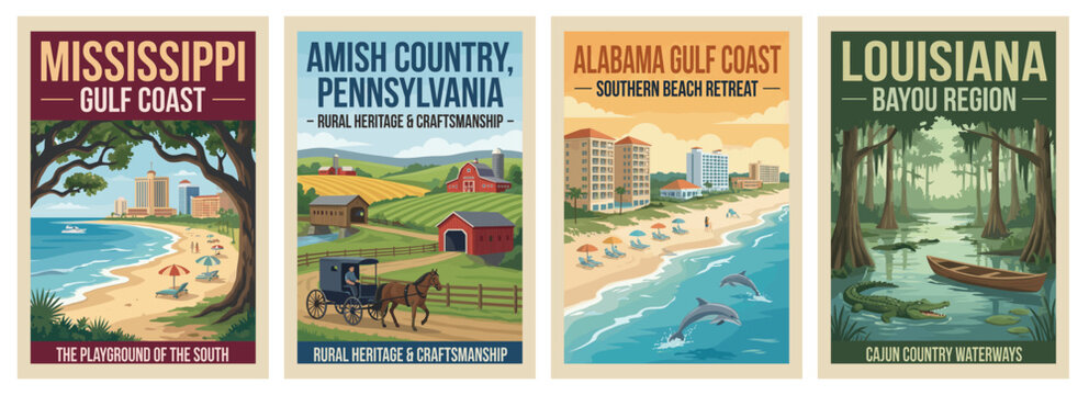 Vintage usa travel poster set. Including louisiana bayou, alabama gulf coast, pennsylvania amish country, and mississippi coast. Retro vector illustration.