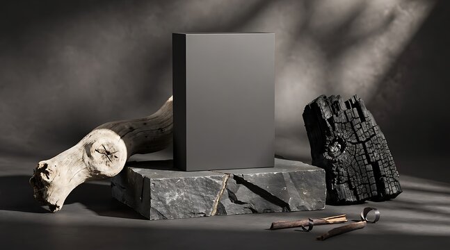 Minimalist composition featuring a dark box on a stone platform with natural elements.