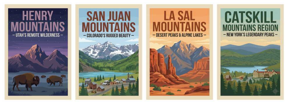 Vintage usa travel poster set. Including catskill mountains new york, la sal and henry mountains utah, and san juan mountains colorado. Retro illustration.