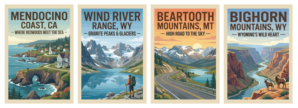 Vintage usa travel poster set. Including bighorn mountains and wind river range wyoming, beartooth mountains montana, and mendocino coast california.