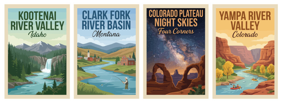 Vintage usa travel poster set. Including yampa river valley, colorado plateau night skies, clark fork river, and kootenai valley. Retro vector illustration.