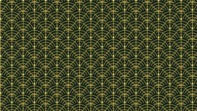 Art deco style geometric seamless pattern with golden lines on dark green background