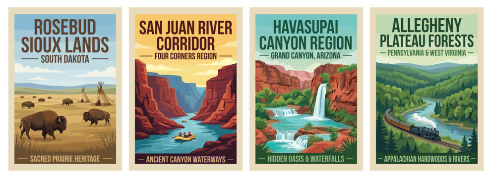 Vintage usa travel poster set. Including allegheny plateau, havasupai canyon, san juan river, and rosebud sioux lands. Retro vector illustration.