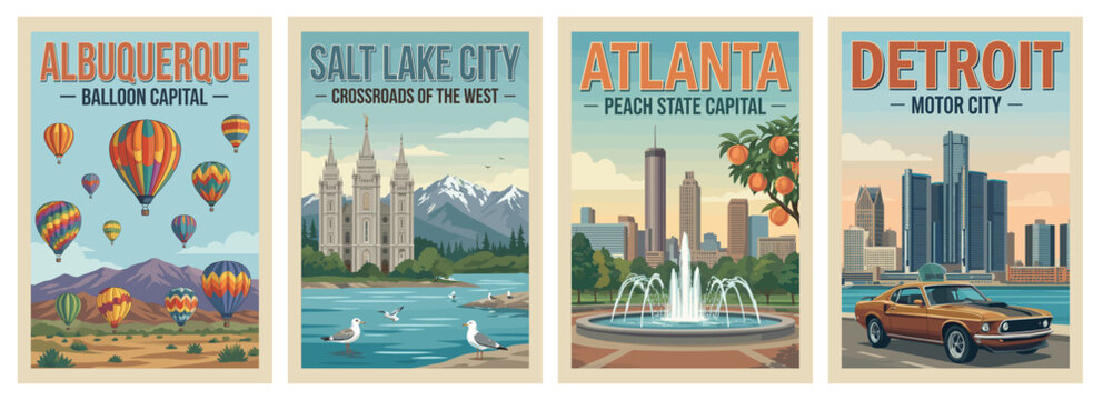 Vintage usa travel poster set. Including atlanta peach state capital, detroit motor city, salt lake city, and albuquerque balloon capital. Retro vector art.