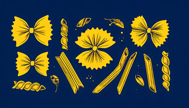 Graphic illustration of farfalle penne and fusilli pasta in golden yellow with flat vector design on deep blue background generative AI