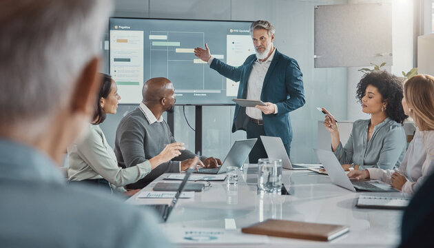 Diverse business team meeting in modern office with executive presenting digital project management dashboard, collaboration, corporate strategy, productivity teamwork planning leadership presentation