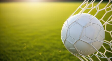 Fototapeta premium A detailed close-up shot of a white soccer ball nestled in the white mesh of a goal net, set against a blurred, vibrant sunlit grass field, round, tournament, win